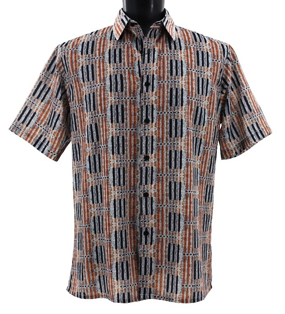 Bassiri Short Sleeve Camp Shirt - Abstract Line Design in Melon & Black